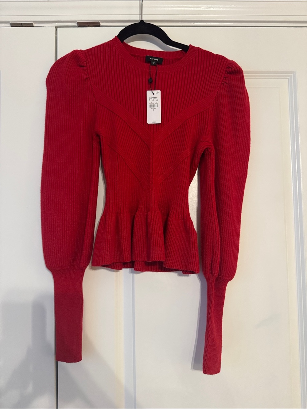 Express Red Ribbed Peplum Sweater with Puff Shoulders